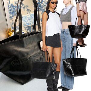 🆕 ALEXANDER WANG 🧿 NWOT Punch Crackle Leather Tote, Black Leather - AUTHENTIC